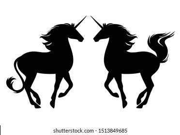 prancing unicorn side view silhouette - profile pose mythological horse black and white vector design set