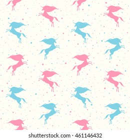 Prancing unicorn silhouette with uneven dots, specks, spots or blobs texture. Seamless vector pattern. Fairytale simple background. Mythical, fantasy, magic creature texture.