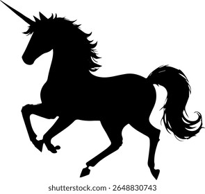 Prancing Unicorn Silhouette Vector Black Fantasy Creature Clipart on White Background
