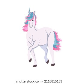 Prancing white unicorn. Vector unicorn illustration. White unicorn with pink hair.  