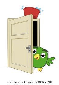 Prank being played on a cute little cartoon bird peering cautiously round the edge of an open doorway on which is balance a basin of water about to dislodge and fall on it, vector illustration