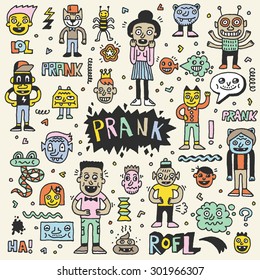 Prank Doodle Color Set. Wacky Funny Characters. Vector Hand Drawn Illustration. 