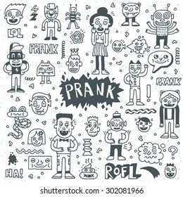 Juego de Doodle Prank. Personajes Graciosos. Ilustración dibujada a mano del vector. 