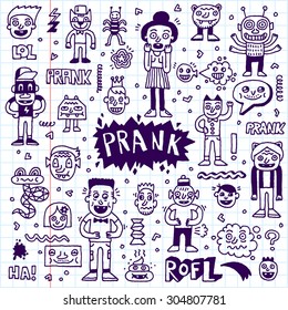 Prank Doodle Set. Wacky Funny Characters. Vector Hand Drawn Illustration. School Notebook Pattern.