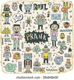 Prank Doodle Vintage Color Set. Wacky Funny Characters. Vector Hand Drawn Illustration.