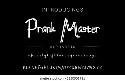 Prank Master Vintage Brush Script Modern Alphabet. Retro Typeface. Textured unique brush in alphabet style. Letters.Vector Alphabet. Exclusive Custom Letters.