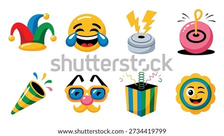 Prank party emoji vector icons with laughing face, jester hat, confetti popper, disguise glasses, wrapped gift, smiling badge, celebration fun