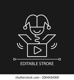 Prank videos white linear icon for dark theme. Funny content. Laughing at jokes online. Thin line customizable illustration. Isolated vector contour symbol for night mode. Editable stroke