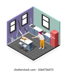 Pranks of cat isometric composition with worried woman and pet during eating sausages at kitchen vector illustration 