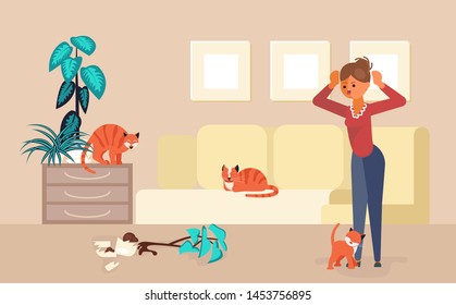 Prankster cat dropped a flower on the floor and girl scolds him. Happy people with their pets, owners love their cats. Flat Art Vector illustration