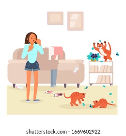 Prankster cat dropped a flower on the floor and girl scolds him. Happy people with their pets, owners love their cats. Flat Art Vector Illustration