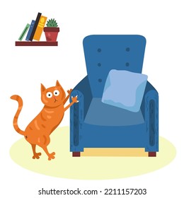 The prankster cat sharpens its claws on an easy chair. Cartoon flat style. Vector illustration