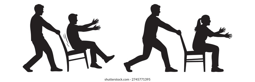 Prankster pulling a chair away from a person sitting down practical joke silhouette.