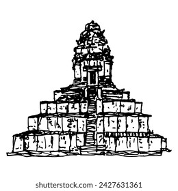 Prasat Baksei Chamkrong. View of a Hindu Khmer temple of Shiva in Angkok, Kambodia. Hand drawn linear doodle rough sketch. Black and white silhouette.