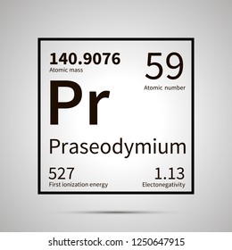 Praseodymium chemical element with first ionization energy, atomic mass and electronegativity values ,simple black icon with shadow on gray