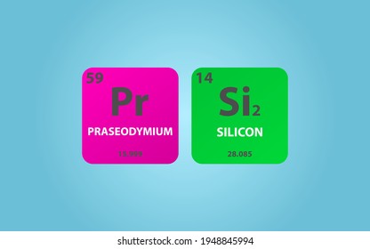 Praseodymium Disilicide PrSi2 molecule. Simple molecular formula consisting of Praseodymium, Silicon,  elements. Chemical compound simplified structure on blue background, for chemistry education
