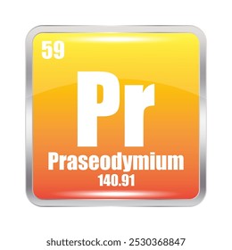 Praseodymium icon. Pr chemical element. Atomic number 59. Mass 140.91. Yellow square image. Vector symbol.