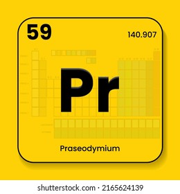 Praseodym das Periodensystem von Elementen mit Namen und Symbol sowie Atomnummer und Gewicht. Vektorsymbol-Illustration auf gelbem Hintergrund mit transparentem Elementhintergrund