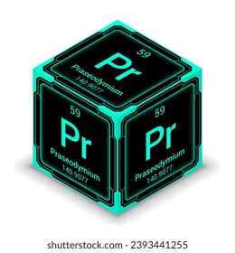 Praseodymium (Pr) (059) - Fundamental Element Futuristic Cybernetic Cube Block Isometric View, Icon Isolated White Background, Periodic Table, Chemical Symbol, Name, Atomic Mass, Atomic Number