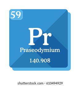 Praseodymium (Pr) - element of the periodic table. Vector illustration in flat style with modern long shadow.