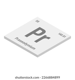 Praseodymium, Pr, gray 3D isometric illustration of periodic table element with name, symbol, atomic number and weight. Rare earth metal with various industrial uses, such as in magnets, lasers, and