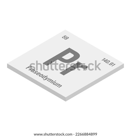 Praseodymium, Pr, gray 3D isometric illustration of periodic table element with name, symbol, atomic number and weight. Rare earth metal with various industrial uses, such as in magnets, lasers, and
