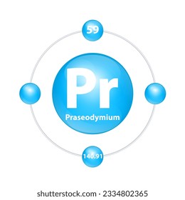 Praseodymium (Pr) Icon structure chemical element round shape circle light blue with surround ring. Period number shows of energy levels of electron. Study science for education 3D Illustration vector