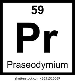 Praseodymium (Pr) periodic table of elements tile. Icon with atomic number 59. Lanthanide rare earth element used for strong magnets and glass pigments.