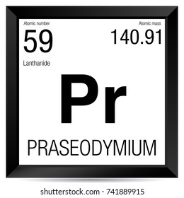 Praseodymium symbol. Element number 59 of the Periodic Table of the Elements - Chemistry - Black square frame with white background