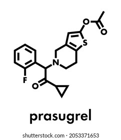 Molécula del fármaco inhibidor de la plaqueta de Prasugrel. Se utiliza en el tratamiento del síndrome coronario agudo y en la prevención de la trombosis stent. Fórmula esquelética.