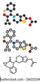 Prasugrel platelet inhibitor drug molecule. Used in treatment of acute coronary syndrome and in the prevention of stent thrombosis. Stylized 2D renderings and conventional skeletal formula. 