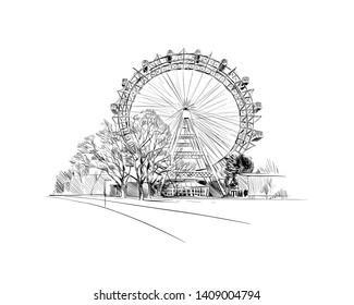 Prater park. Ferris wheel. Vienna, Austria. Hand drawn sketch vector illustration.