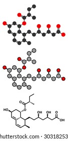 Pravastatin cholesterol lowering drug molecule. Conventional skeletal formula and stylized representations.
