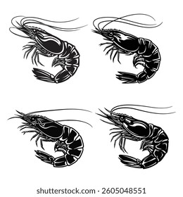 Prawn black solid silhouette bundle isolated on white background, clip art logo icon set.
