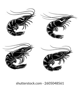 Prawn black solid silhouette bundle isolated on white background, clip art logo icon set.
