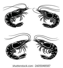 Prawn black solid silhouette bundle isolated on white background, clip art logo icon set.
