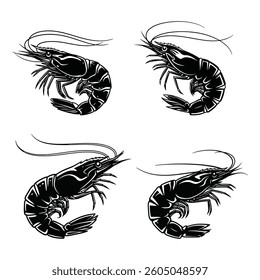 Prawn black solid silhouette bundle isolated on white background, clip art logo icon set.
