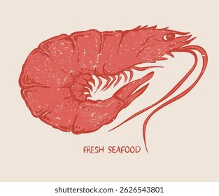 Prawn fish artwork for t shirt print, poster, sticker and other uses. Seafood club.  Fish vintage artwork.
