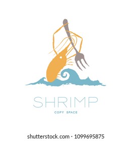 Prawn holding fork on wave, logo icon set brush design orange color illustration isolated on white background with Crab text and copy space