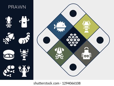  prawn icon set. 13 filled prawn icons. Simple modern icons about  - Caviar, Shrimp, Lobster, Mussel, Squid, Apron, Puffer fish