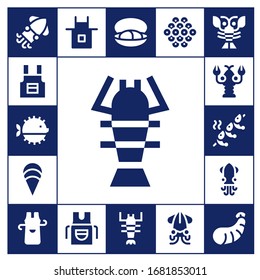 conjunto de iconos de camarón. 17 iconos de gamba rellenos.  Iconos modernos sencillos, como: Calamar, Apron, Pescado de Puffer, Langosta, Almejas, camarón, mejillón, caviar