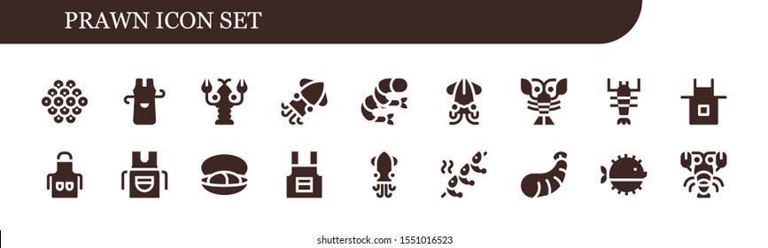 prawn icon set. 18 filled prawn icons.  Simple modern icons about  - Caviar, Apron, Lobster, Squid, Shrimp, Mussel, Puffer fish