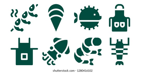  prawn icon set. 8 filled prawn icons. Simple modern icons about  - Apron, Shrimp, Squid, Clam, Puffer fish, Lobster
