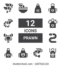 prawn icon set. Collection of 12 filled prawn icons included Apron, Shrimp, Eel, Lobster, Tom yum, Prawn, Shrimps