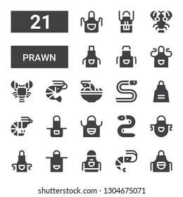 prawn icon set. Collection of 21 filled prawn icons included Apron, Shrimp, Eel, Prawn, Tom yum, Lobster