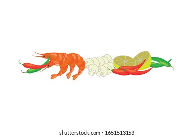 Prawn, mushroom, lemon, chill vector illustration on white background