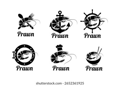 Logotipos de frutos do mar de camarão na cor preta