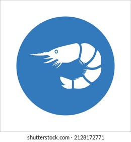 Prawn, seafood, shrimp icon. Rounded blue vector graphics.