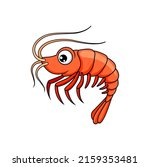 Prawn shellfish crustaceans isolated shrimp funny cartoon character. Vector big red tiger shrimp animated personage, mediterranean cuisine food mascot. Seafood, underwater marine animal with whiskers