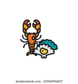Gambas con mariscos, íconos de contorno llenos de marisco. Ilustración vectorial. Icono aislado adecuado para web, infografías, interfaz y aplicaciones.